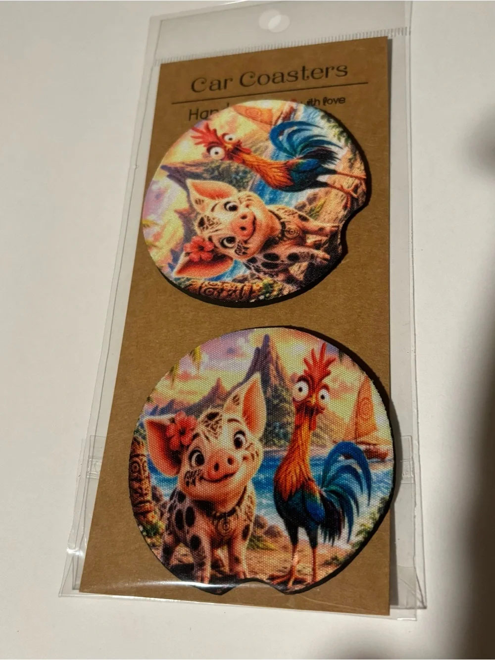 Cute Pig & Rooster Car Coasters - Colorful Beach Design. Handmade Moana rubber